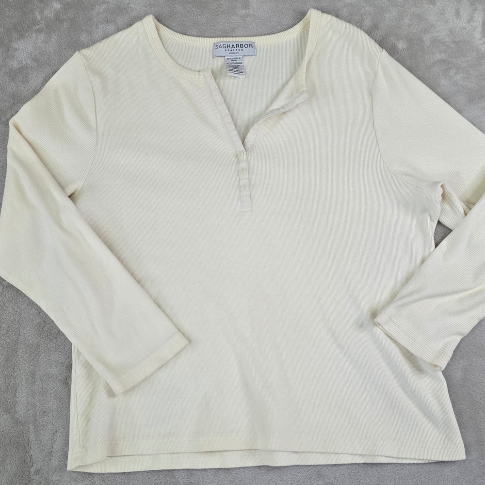 Sag Harbor Woman Cream Ribbed Henley Long Sleeve Top Plus Size 1X XL